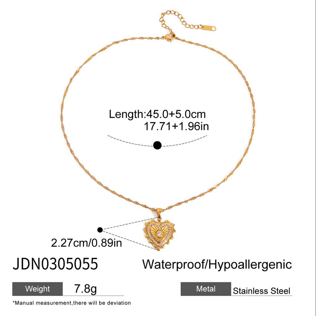 Youthway New Arrival  Gold Plated Stainless Steel Geometric Textured Heart Zircon Necklace Waterproof Women Jewelry Gift