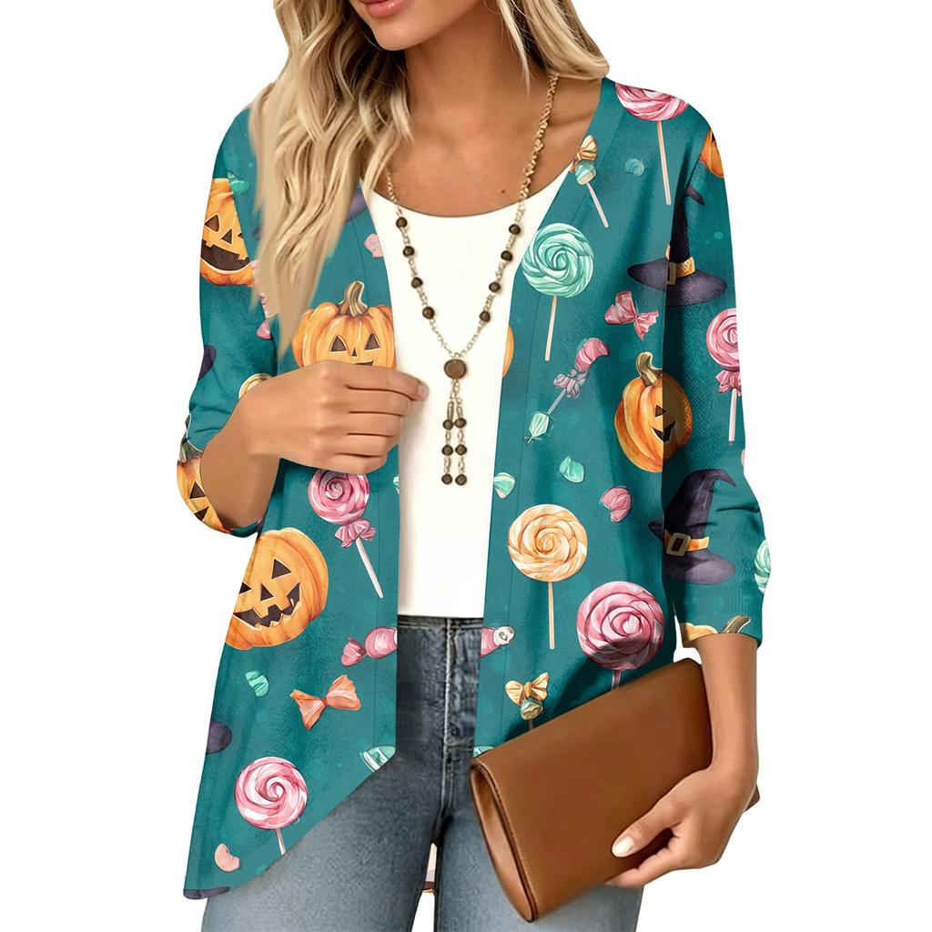 Cardigan décontracté léger ample à manches 3/4 imprimé pour femme pour Halloween