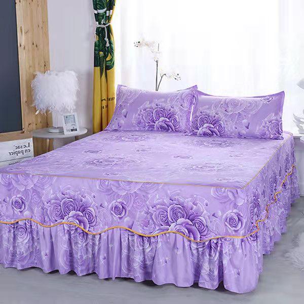 Fashion Soft Sanding Bedspread Anti-skip Wedding Bed skirt Queen King Size No Pilling Fitted Sheet Cover Double Layer Bed Cover