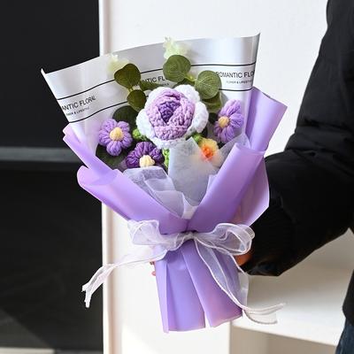 Romantic Knitted Rose Bouquet Chinese Style Handicraft Sunflower Bouquet Gift Fashion Finished Fake Flower