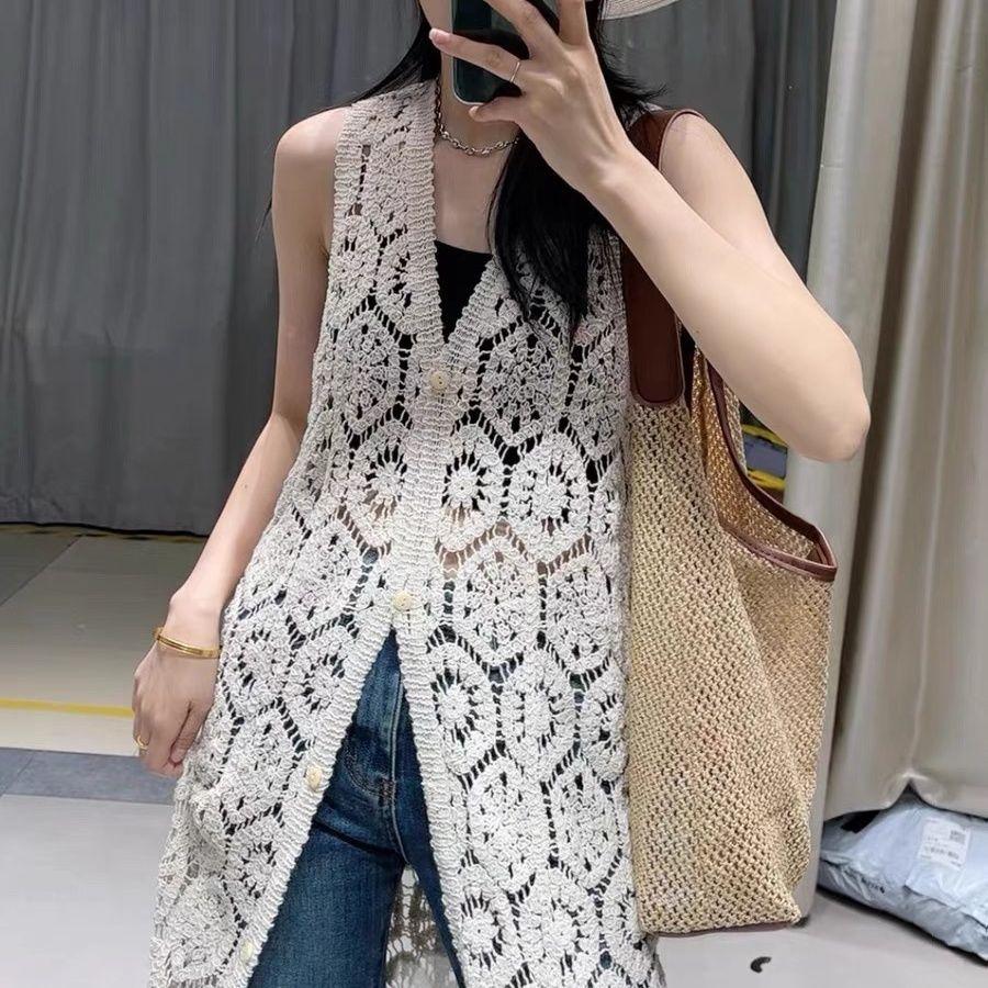 

Мереживний ремінь на ґудзиках, нова корейська сорочка з квітами на гачках, видовбаний пуловер, вільний в’язаний светр One Size білий