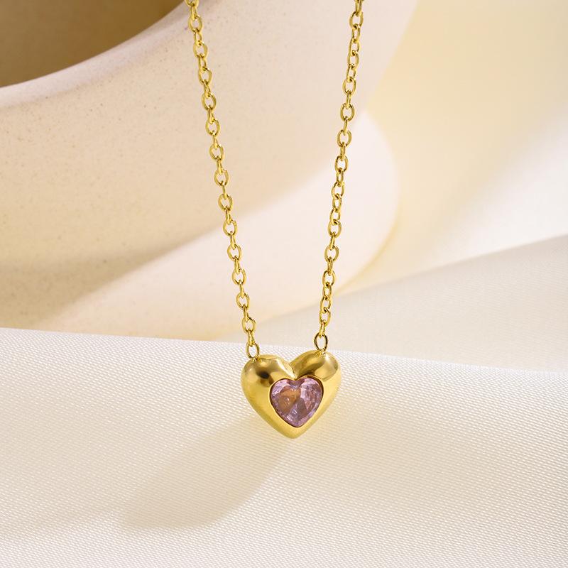 Women's 18K Gold Plated Stainless Steel Sporty Bamboo Chain Heart Zircon Pendant Necklace for Anniversaries
