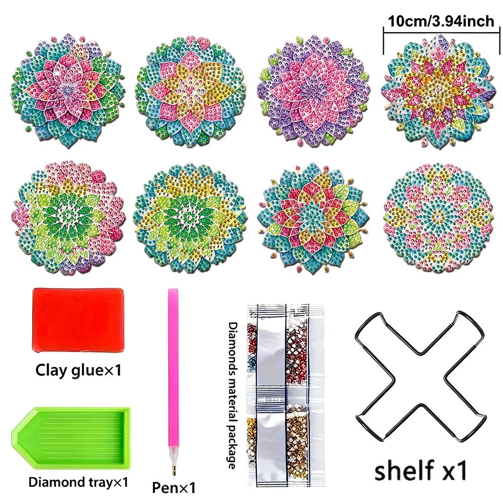 8-piece Colorful Mandala Flower DIY Diamond Painting Coaster Set, 5D Full Diamond Round Diamond Art Coaster Set, Handmade Crafts, Home Decor Gifts