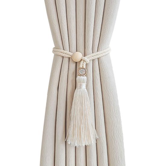 Bohemian Curtain Tiebacks Handwoven Rope with Tassels & Wood Beads Decorative Window Holdbacks for Living Room Bedroom Home Decor