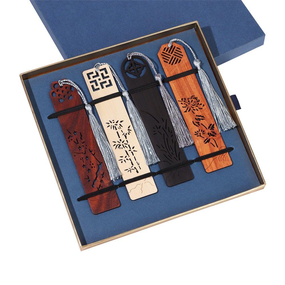 

Style Tassels Carved Wooden Bookmark Bookmark Set Natural Handmade Bookmarks Wooden Bookmark Four piece suit