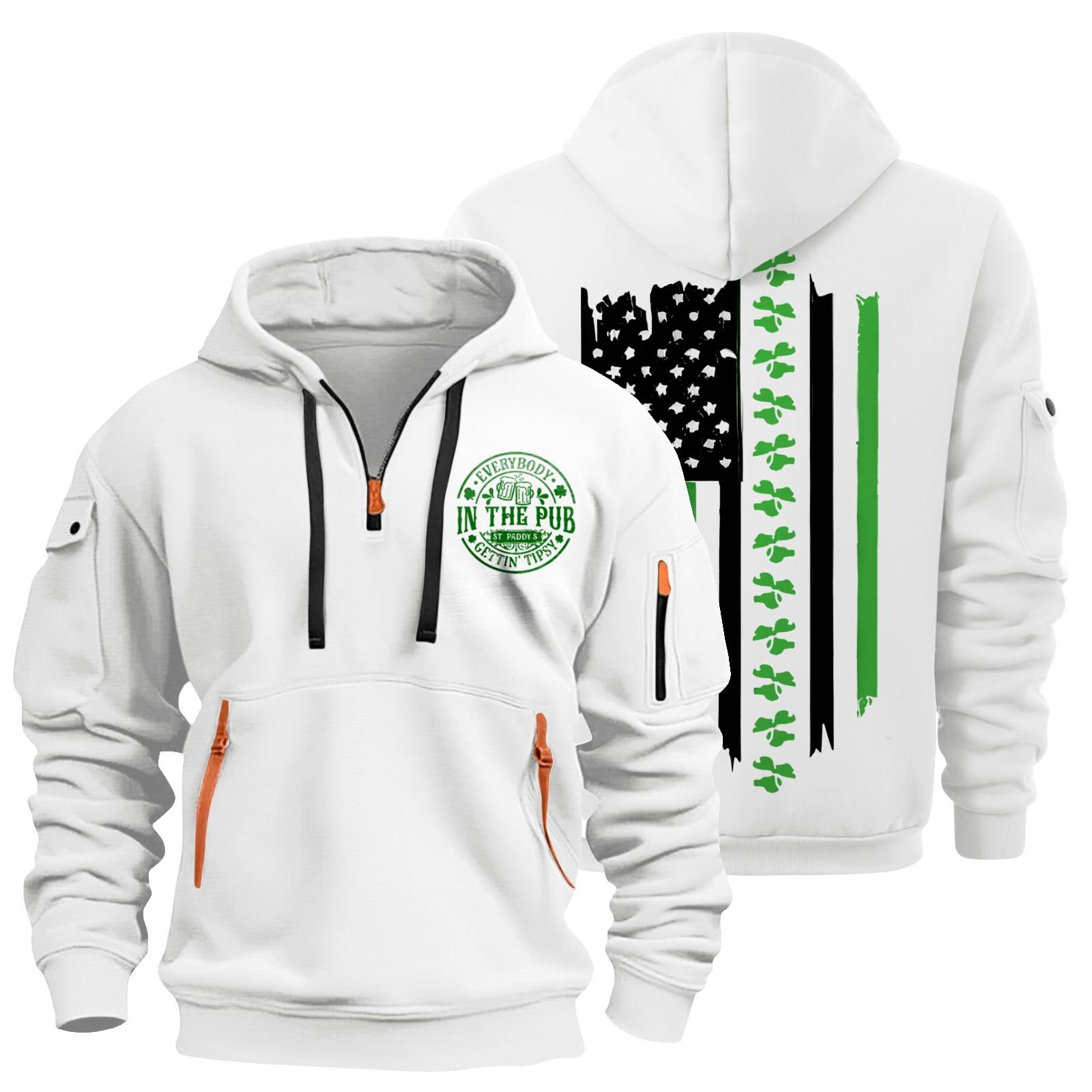 

улица. Толстовка с капюшоном Patrick s Green Flag Print для мужчин, пуловер на молнии для мужчин, спортивная повседневная толстовка больших размеров XL белый