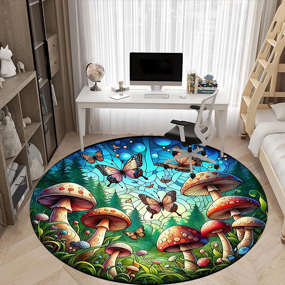 1pc Mushroom Butterfly Office Round Area Rug, Indoor Mat Suitable ForOffice, Under Office Chairs Bedroom Living Room Home Decor, D136