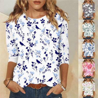 Damen Neues Rundhals-Modedruck-3/4-Ärmel-Blumendruck-T-Shirt Schlankes Oberteil Lässige Oberteile