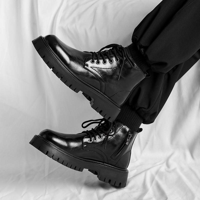 Fashion men's casual business office platform boots lace-up natural leather shoes cowboy spring autumn chunky boot black ankle botas man