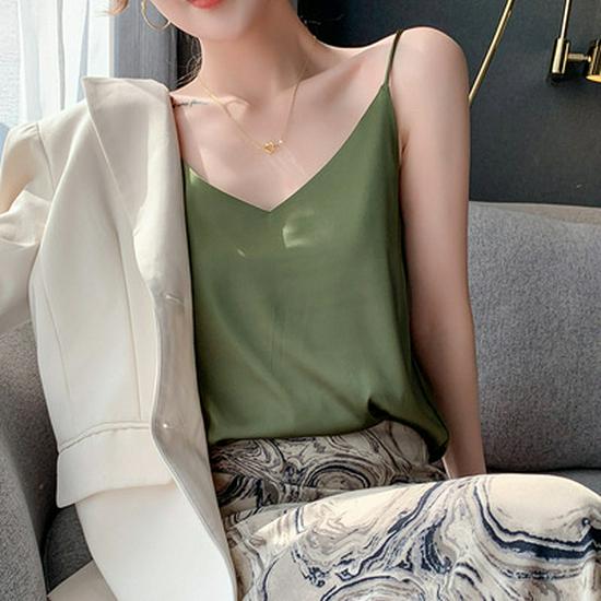 Women's V-Neck Mulberry Silk Camisole - Satin Inner/Outer Wear, Plus Size, Summer Top