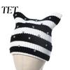 Warm Winter Gift for Her Cat Ear Hat Women Girls, Striped Slouchy Crochet Headgear Retro Style with Shiny Rhinestones, Cute Knitted Cap Fashionable