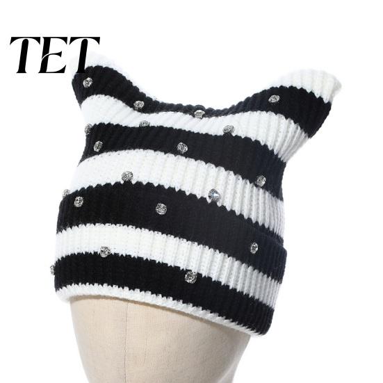 Warm Winter Gift for Her Cat Ear Hat Women Girls, Striped Slouchy Crochet Headgear Retro Style with Shiny Rhinestones, Cute Knitted Cap Fashionable