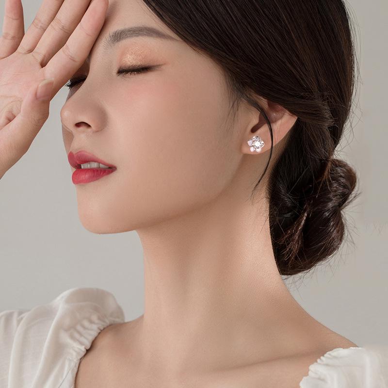 Sterling Silver Plum Blossom Diamond Stud Earrings for Women - Ancient Style, Simple, Versatile, Comfortable for Sleep
