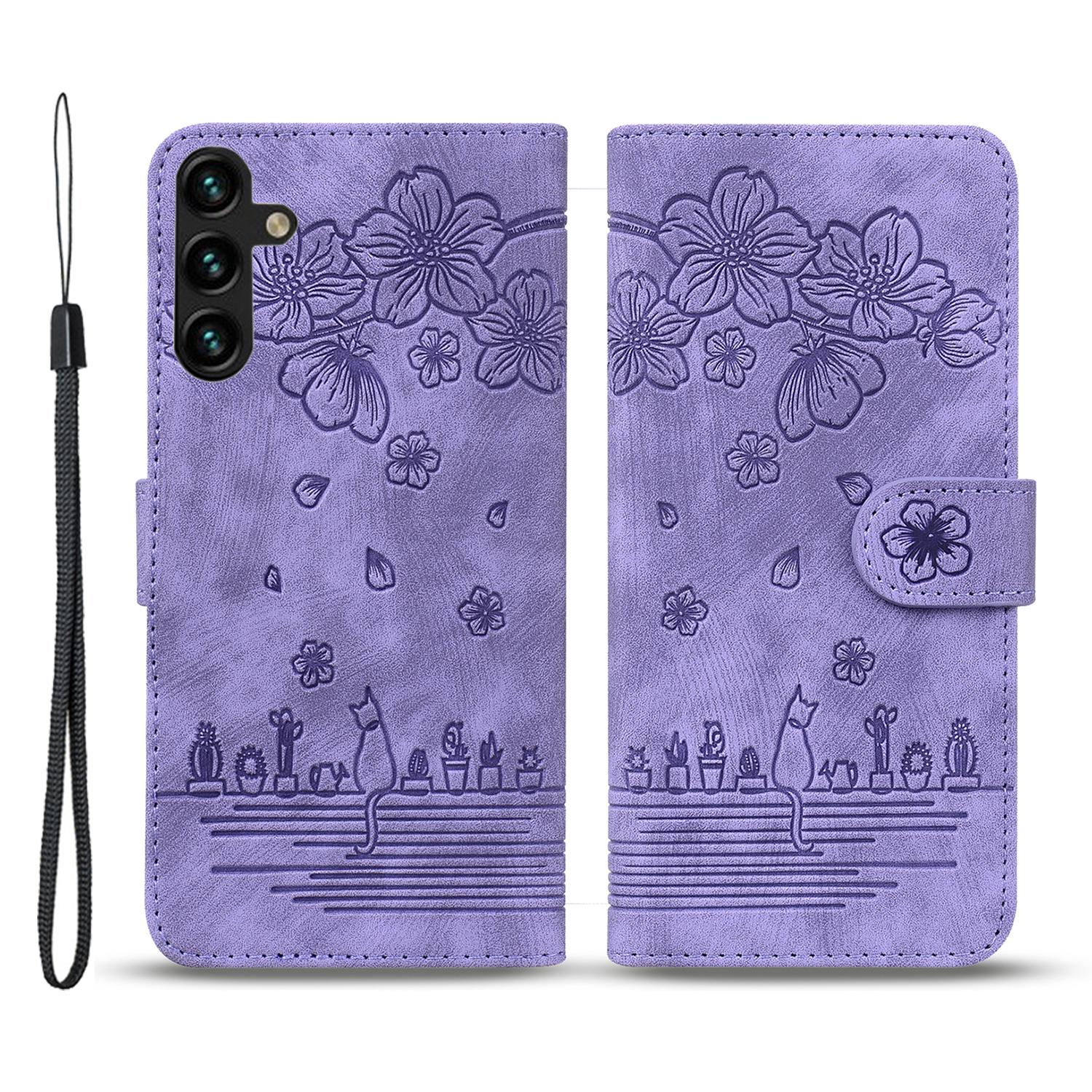 

Cell Phone Case for Samsung Galaxy A35 5G Shell Imprinted Flower Cat Wallet Cover Purple