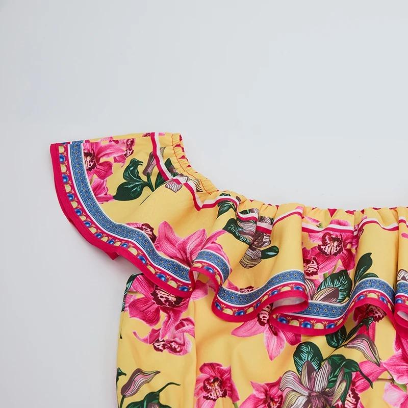 2026 Summer Bohemian Gorgeous Flower Long Dress Women's Ruffes Slash Neck Floral Print Belt A-Line Holiday Famale Beach Clothes