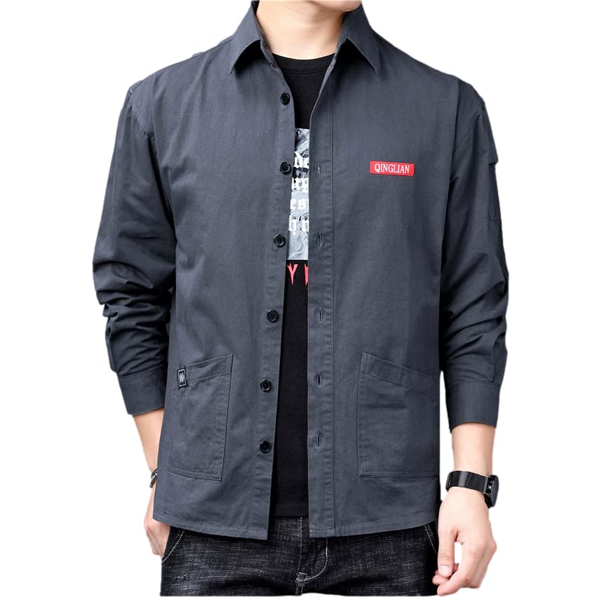 

Стильная рабочая одежда с длинным рукавом больших размеров, повседневная верхняя одежда для и простой дизайн с двойным однотонным хлопком [четыре листа] Мужская рубашка, В наличии, Весна, серый