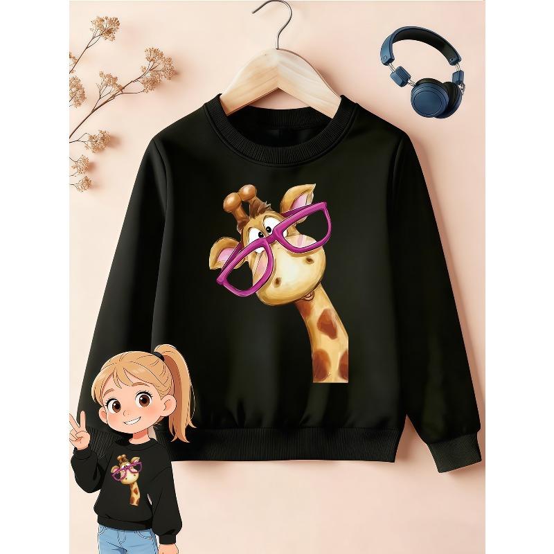 Kids Sweatshirt, Crew Neck Sweatshirt with Cute Giraffe Cartoon Print and Purple Glasses Design, Playful and Adorable for Daily Wear