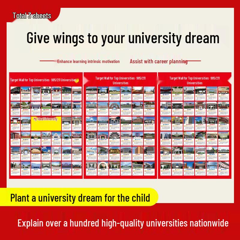 Famous School Motivation Board: High School Gaokao Target Inspirational Wall Sticker Famous School Wall Chart (3-piece set)