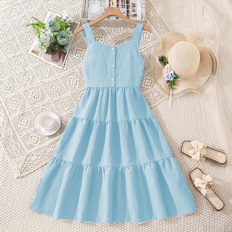 

Girls Summer Dress New Korean-Style Outfit For Older Children Elegant Waist-Cinching Dress 12Y