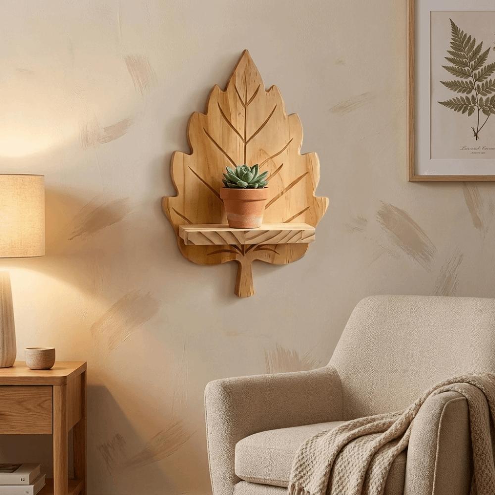 Étagère Flottante Feuille en Bois Style Naturel Étagère Murale Feuille Présentoir pour Plantes en Pot