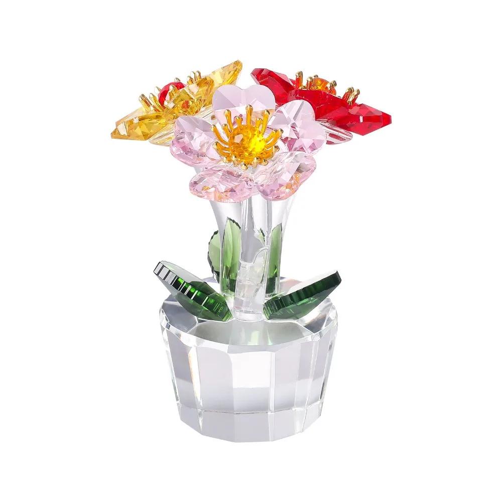 Handcraft Crystal Flower Statue Ornament Clear Base Artificial Flower Figurine Rose Tulip High Transparence