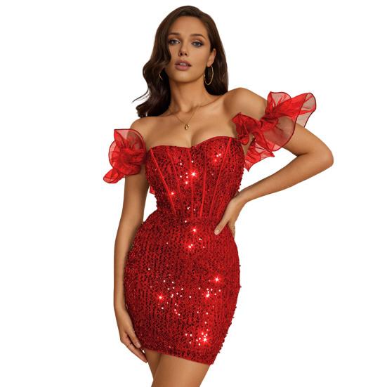 Kvinners glitrende paljetter kroppskon kjole sexy mesh volang off-shoulder minikjole glitter cocktailparty kveldsklubbantrekk