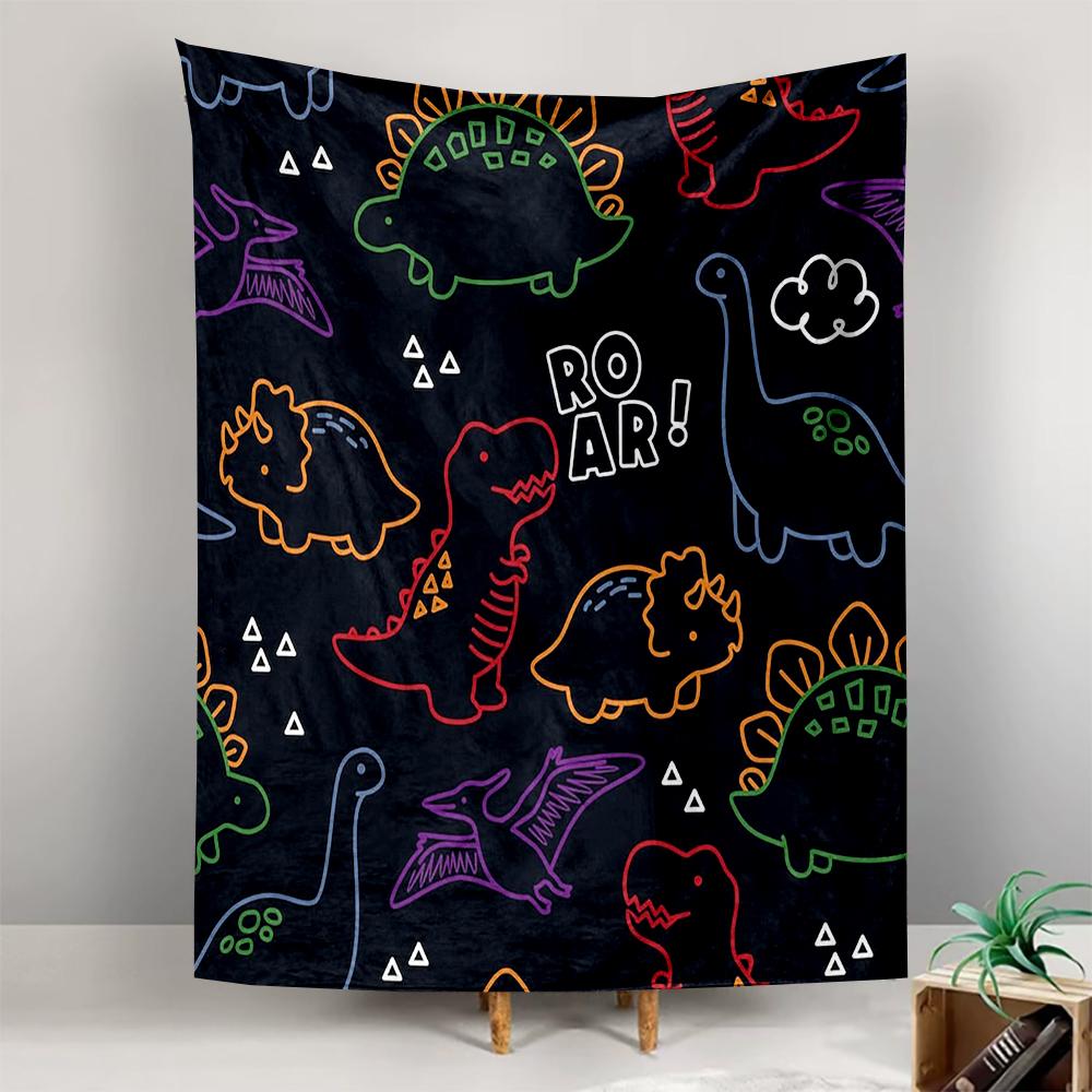 Neon dinosaur pattern roar text black background Patterned tapestry for bedroom and living room home decor