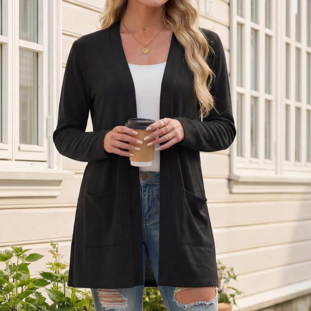 Cardigan da Donna a Maniche Lunghe Aperto Davanti Maglione Leggero a Maglia Tasche Capospalla Casual Top da Sovrapporre
