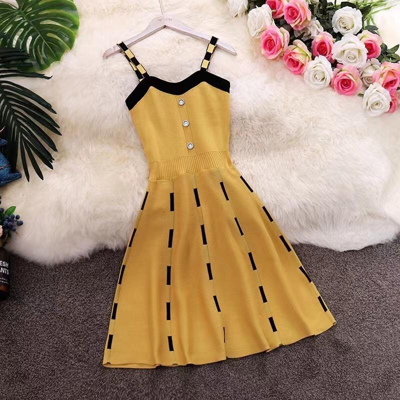 Knitted Contrast color Sexy V Neck Spaghetti Strap Summer Mini Dress Women Casual Party Yellow Black Sweater Dresses