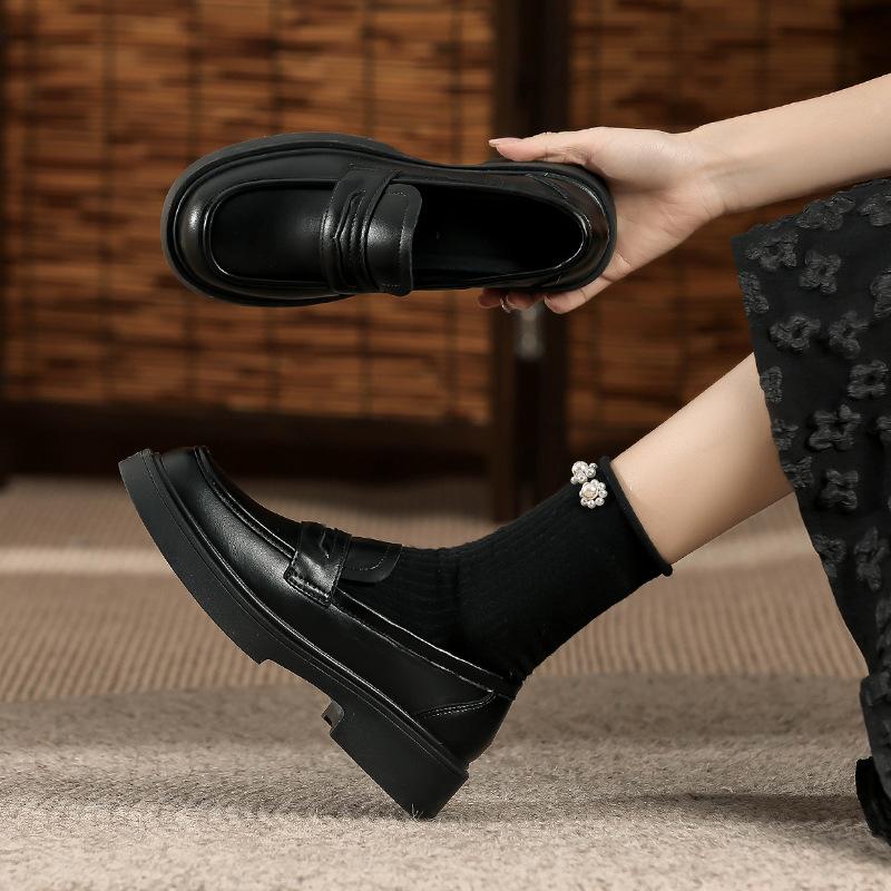 Sheepskin~~ Soft-soled loafers for women's British style 2025 spring and autumn models thick-heeled single shoes thick-soled one-pedal jk small leath