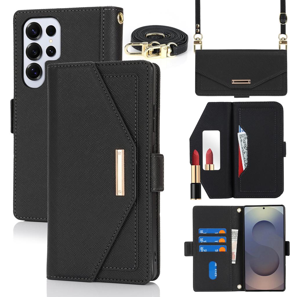 For Samsung Galaxy S25 Ultra Stand Case Cross Texture PU Leather Wallet Phone Cover with Shoulder Strap/Makeup Mirror