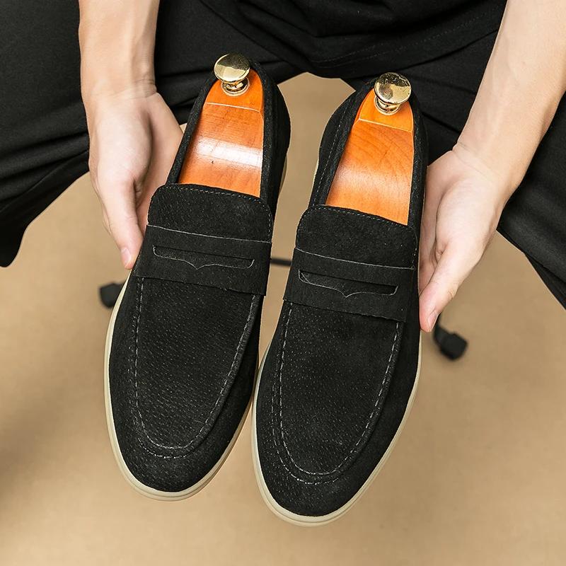 Britain Retro Men Pointed Suede Flats Genuine Leather Shoes Man Casual Penny Loafers Formal Dress Footwear Shoes for Men