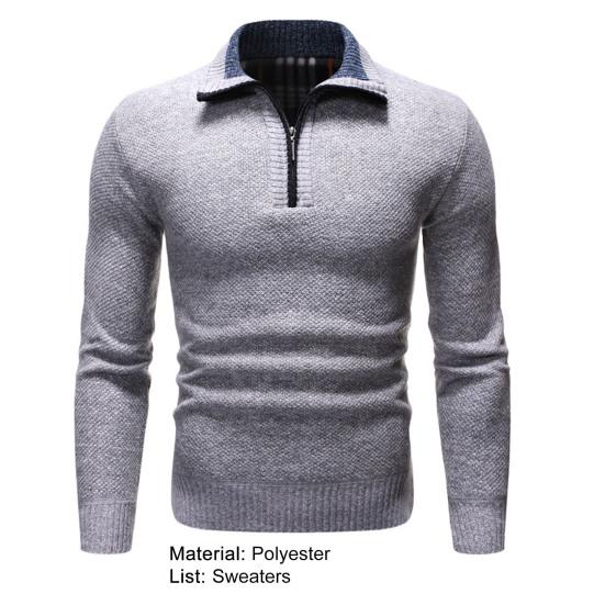 Ribbed Cuffs Long Sleeve Knitted Sweater Shrink Resistant Zipper Neck Lapel Winter Sweater Male Clothing