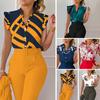 V-neck Petal Sleeve Single Breasted Summer Shirt Women Floral Print Shirt Top Streetwear