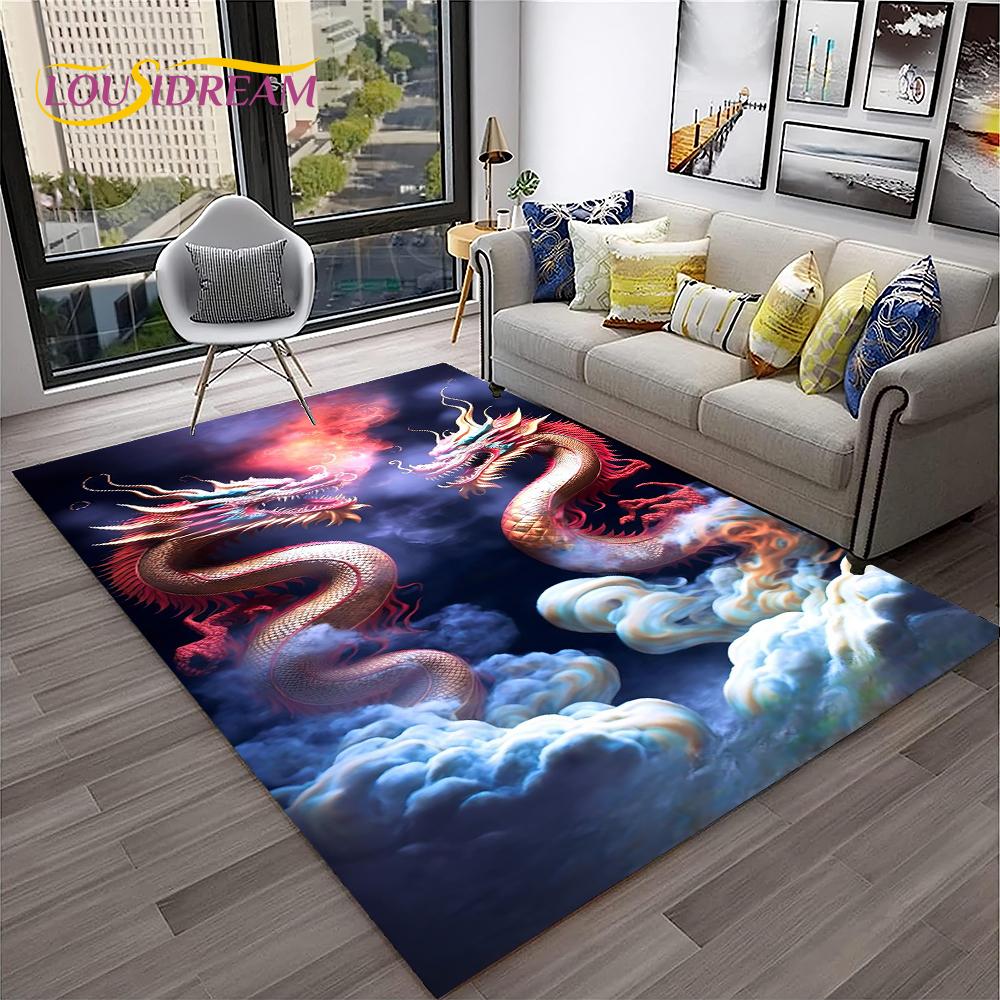 3D China Dragon Myth Art Cartoon Carpet Rug for Home Living Room Bedroom Sofa Doormat Decor,Kid Play Area Rug Non-slip Floor Mat