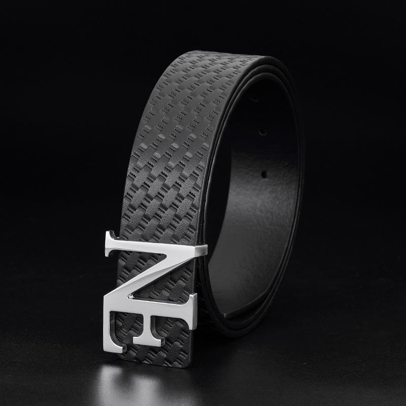 New High End Stainless Steel Letter Belt Genuine Leather Men's Braided Head Layer Cowhide Business Pants Belt Hanging Buckle