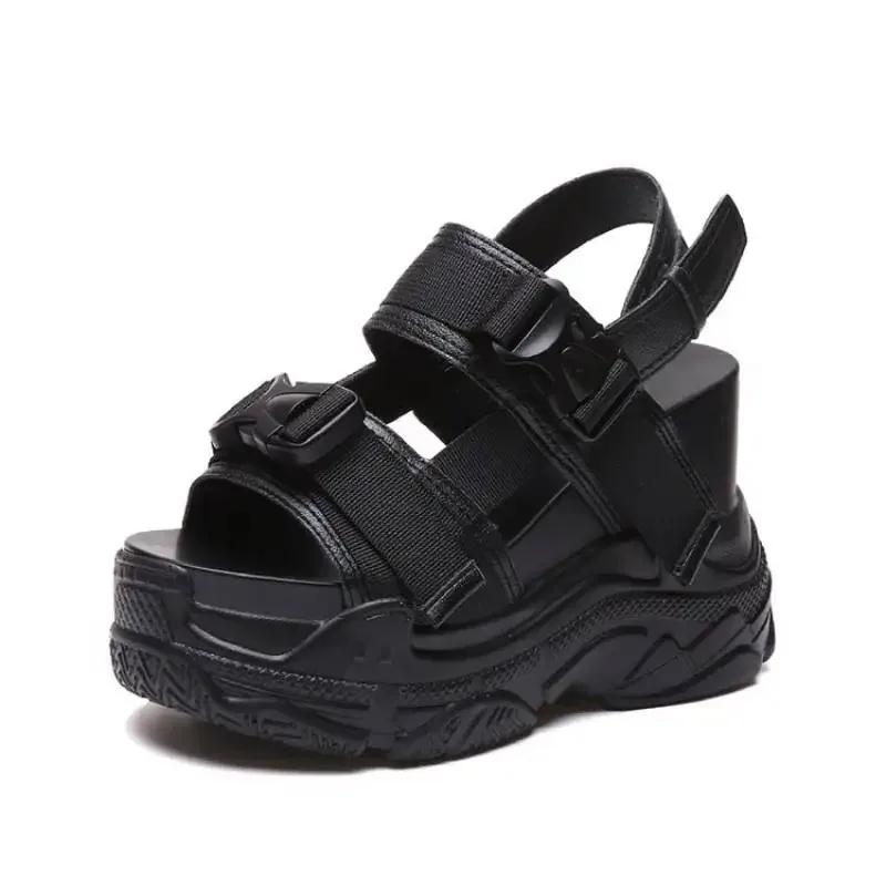 Sandalias De Mujer Verano 2024 Platform Shoes Wedge Heels Shoes Women Buckle Thick Soled Beach Sandals Woman Sport Sandal Black