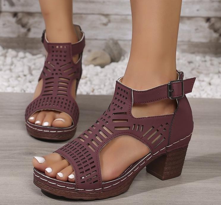 Women Strap Sexy High Heel Sandals Woman Roman Hollow Pumps Lace-up Peep Toe Sandals Casual Chunky High-heeled Sandals