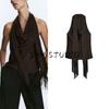 Fall Women's Clothing Sexy Draping Neckline Halter Spaghetti Straps Decorated Tassel Silk Satin Texture Tops 1165269