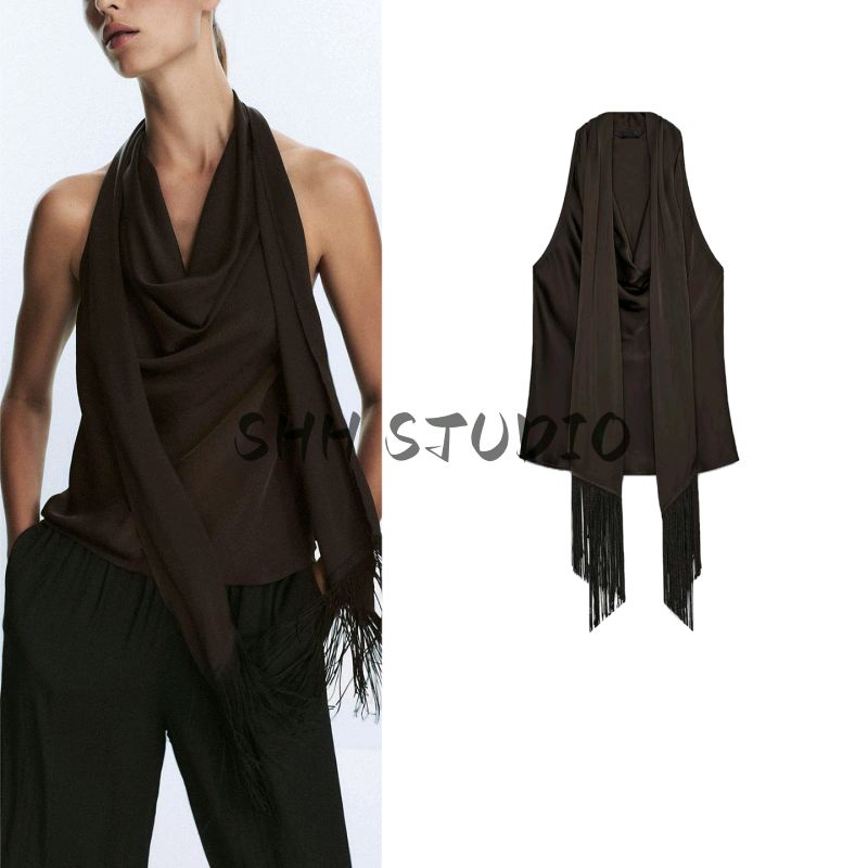 Fall Women's Clothing Sexy Draping Neckline Halter Spaghetti Straps Decorated Tassel Silk Satin Texture Tops 1165269