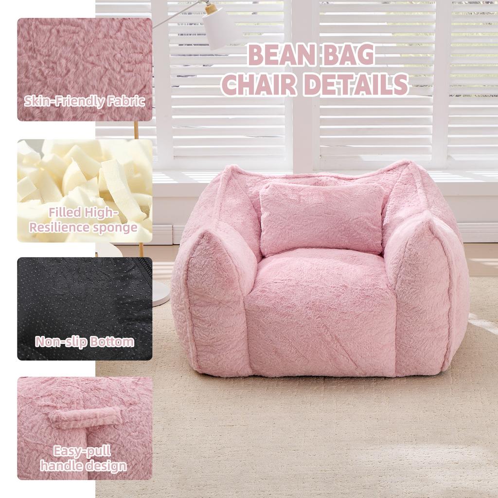 Giant Bean Bag Chair with pillow, Comfy Large Bean Bag Chairs for Adults and Kids, Faux Fur Floor Sofa for Living Room Bedroom Apartment, Pink