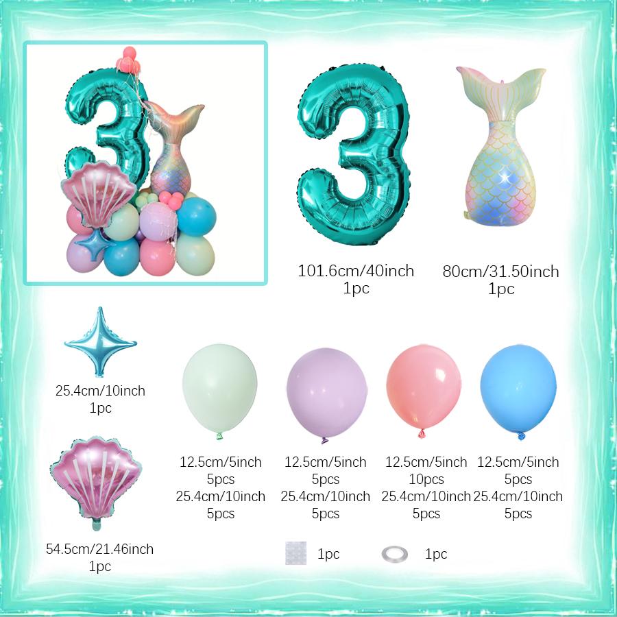 Mermaid Shell Themed Balloon Set with Numbers 1-9th Blue Purple Pink Latex Foil Balloons for Girl Princess Birthday Party Decor