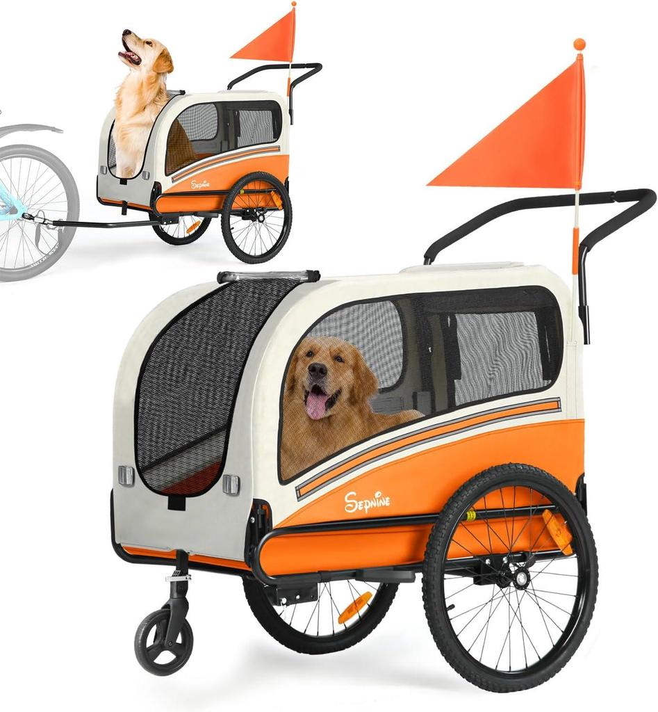 Sepnine 2-in-1 Dog Bike Trailer Stroller,Foldable Dog Cart with Quick Release Wheels,110lbs Capacity,Non-Slip Floor