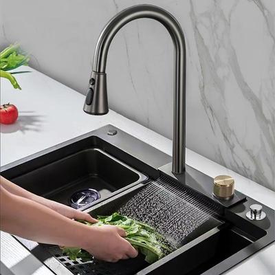 New 4 Modes Waterfall Grey Sink Kitchen Faucet Hot Cold Pull Out Mixer Sprayer Head Flying Rain Tap Single Hole Deck Mounted