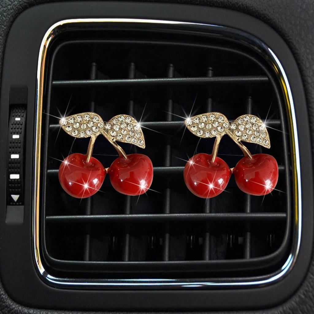 2pcs Rhinestone Cherry Car Fragrance Clip, Fruit Car Air Freshener & AC Vent Decor for Women