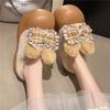 Fashion Waterproof Baotou Slippers Winter New Round Toe Deep Mouth Bow Added Wool Warm Non-slip Semi-drag
