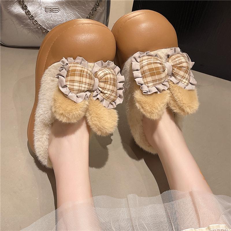 Fashion Waterproof Baotou Slippers Winter New Round Toe Deep Mouth Bow Added Wool Warm Non-slip Semi-drag