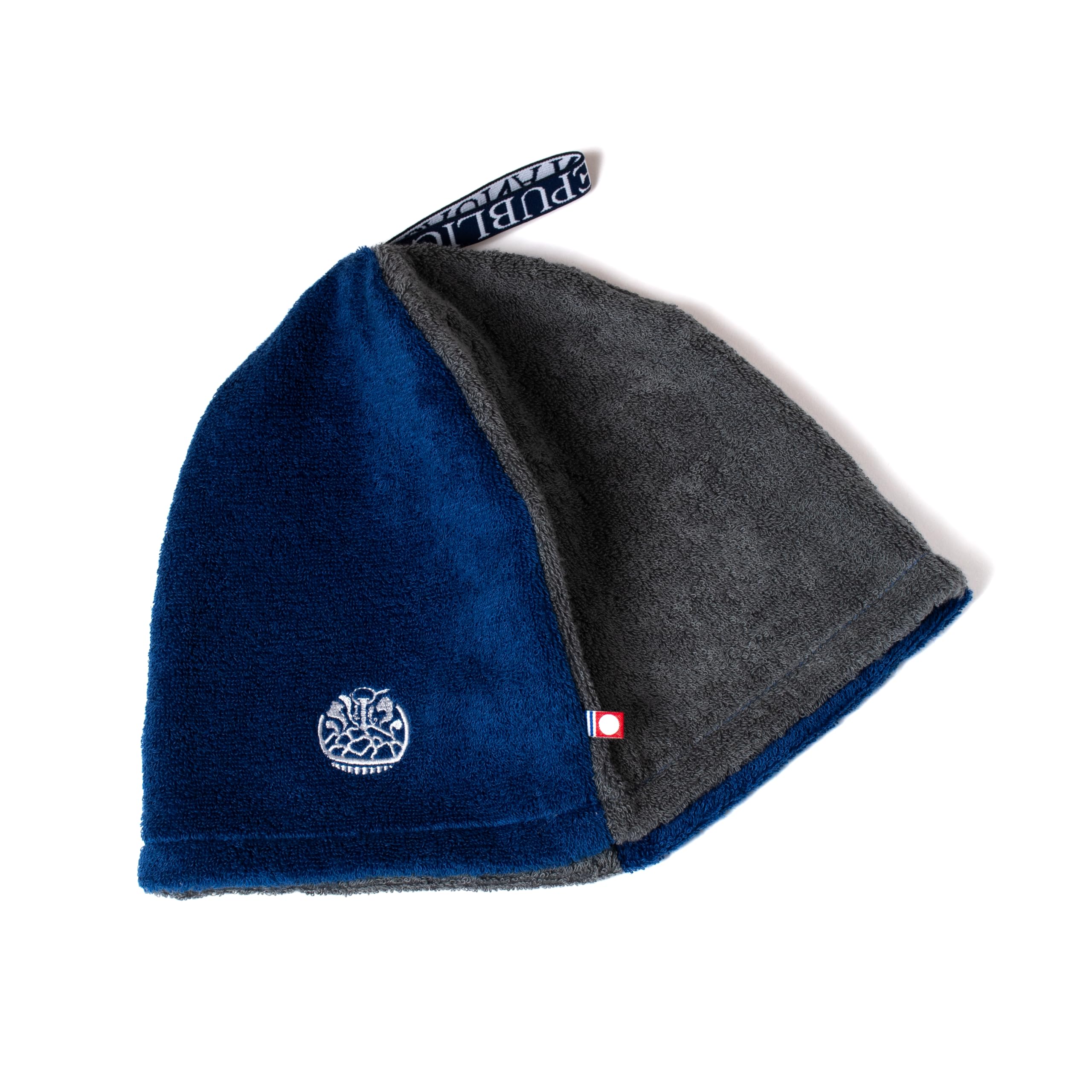 

Imabari Towel Certified Sauna Curl Strap Made in Large Sauna Cap x [SAUNA REPUBLIC] Hat, Type, Japan, Size, Quick-Drying (Gray Navy)