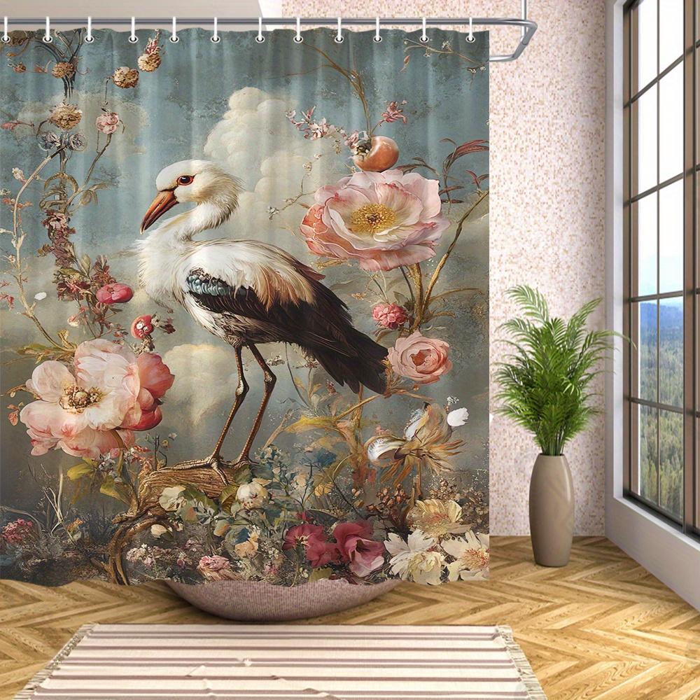 Elevate Your Bathroom with a Waterproof Shower Curtain Featuring Elegant Bird and Floral Design for Aesthetic Appeal