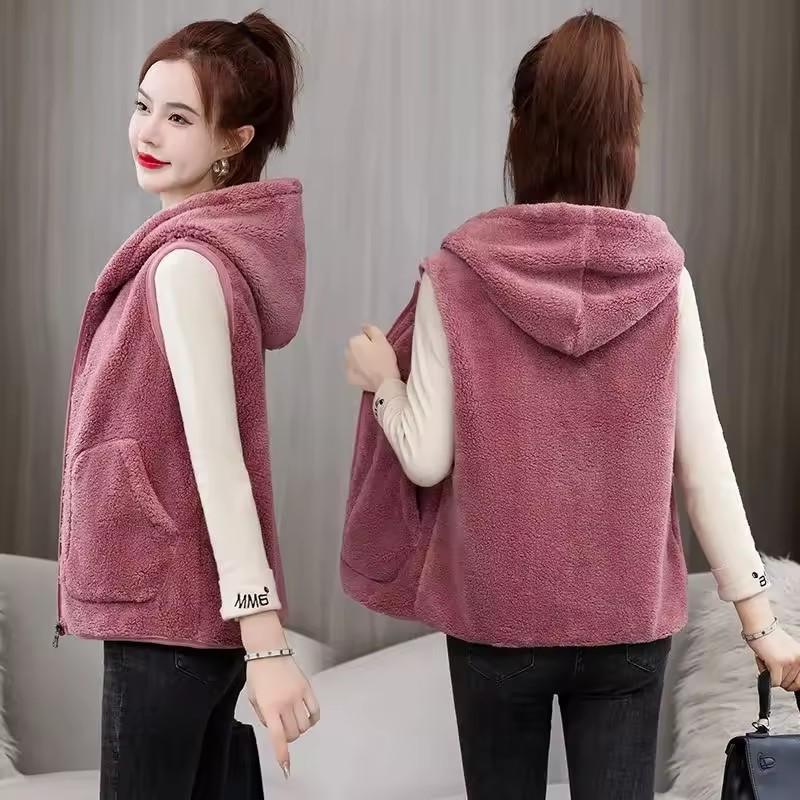 Hooded Fleece Vest Jacket Autumn Winter Women Sleeveless Jacket Lady Casual Warm Soft Waistcoat Female